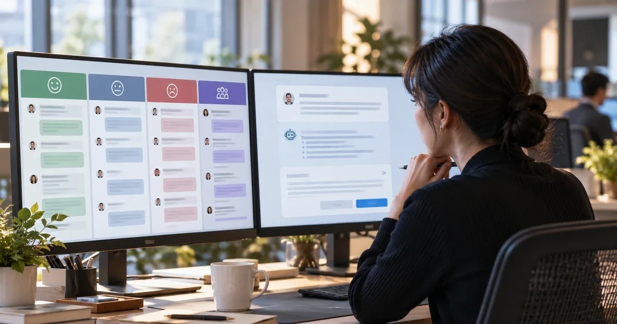 A customer-support dashboard showing positive, neutral, negative, and competitor-comparison conversations while a human agent reviews an AI-generated complaint summary