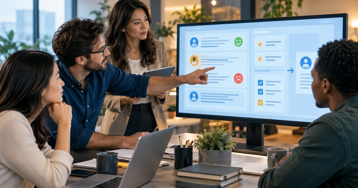 Customer-service team reviewing an AI dashboard with complaint themes, human approval checkpoints, and an action list