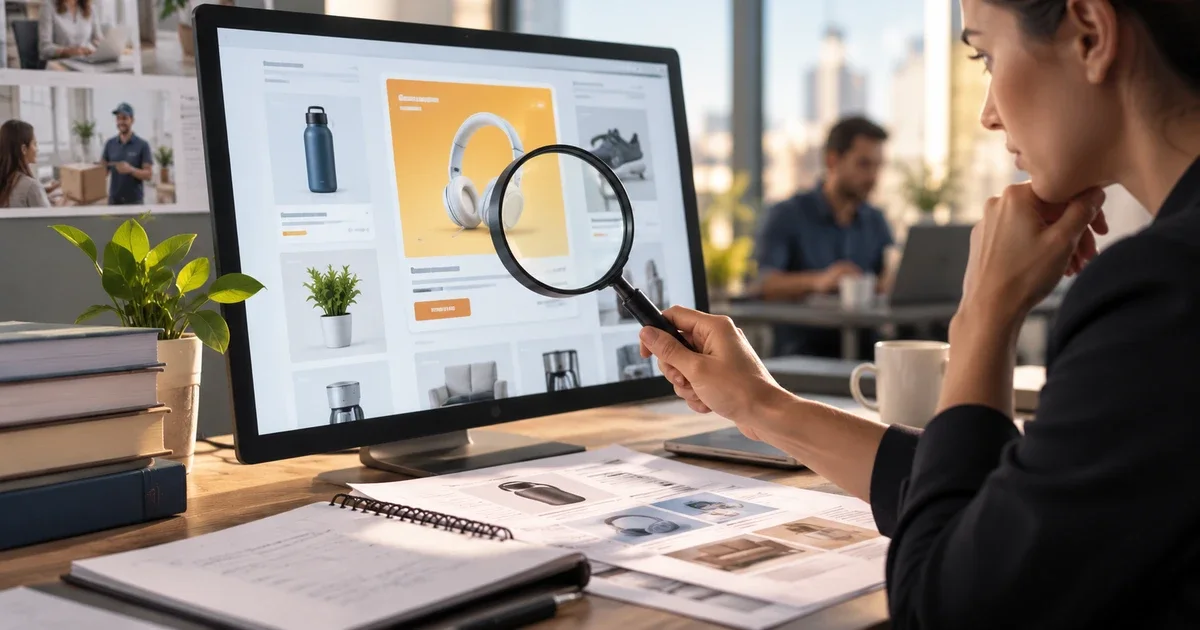 Digital advertising dashboard beside a magnifying glass, with fee, placement, reporting, and support indicators