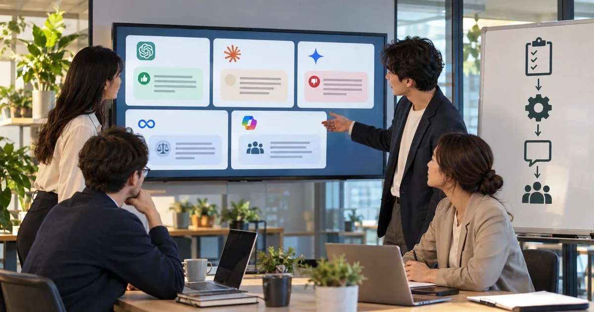 A reputation team reviews AI chat panels showing positive, neutral, negative, and competitor-comparison signals alongside a service improvement checklist