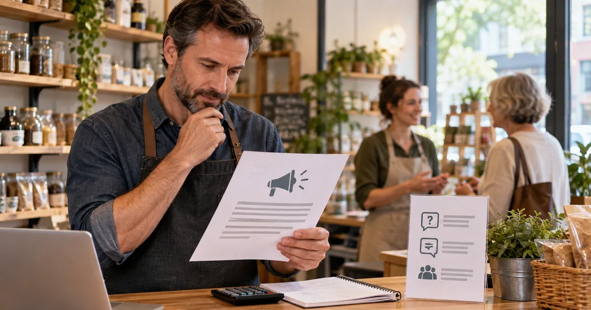 A small business owner reviewing a clearly labeled price-change notice beside a calculator and customer FAQ while speaking calmly with a customer