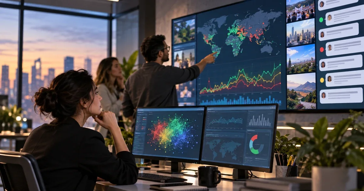 Analyst reviewing context-aware sentiment analytics across multiple communication channels