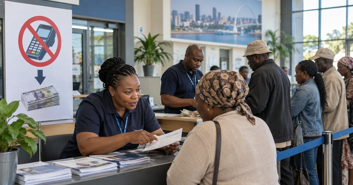 Municipal service centre with an outage notice and staff helping residents at an information desk